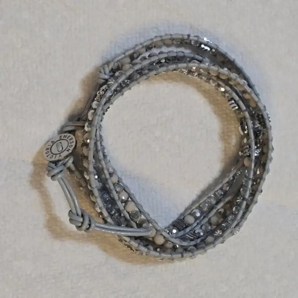 Victoria Emerson Gray Leather Multi Wrap Beaded Bracelet with Skull Charms Boho‎